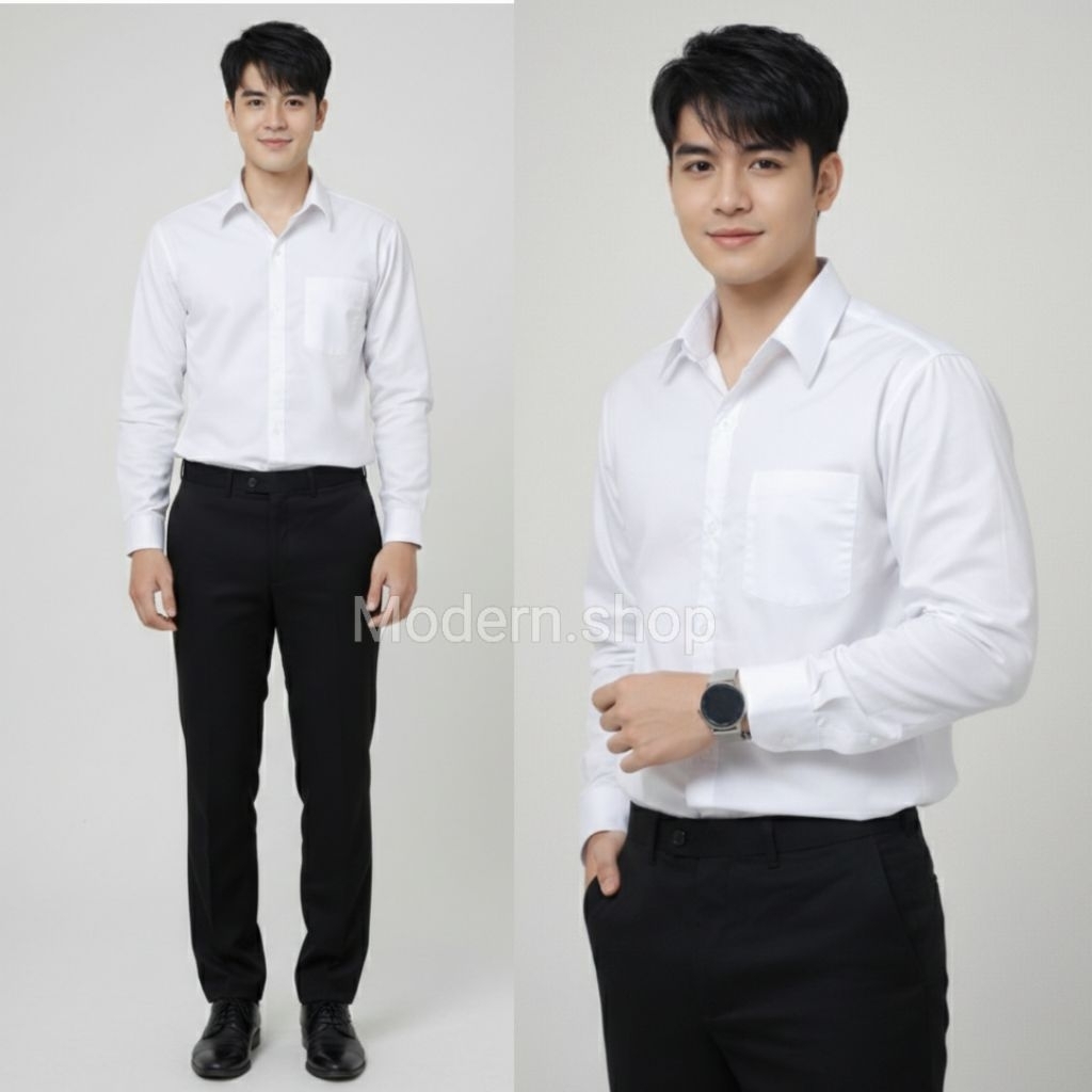 เสื้อเชิ้ตชายแขนยาวสีขาว เสื้อนักศึกษาชายแขนยาว/ทรงเข้ารูป – โปรปัง