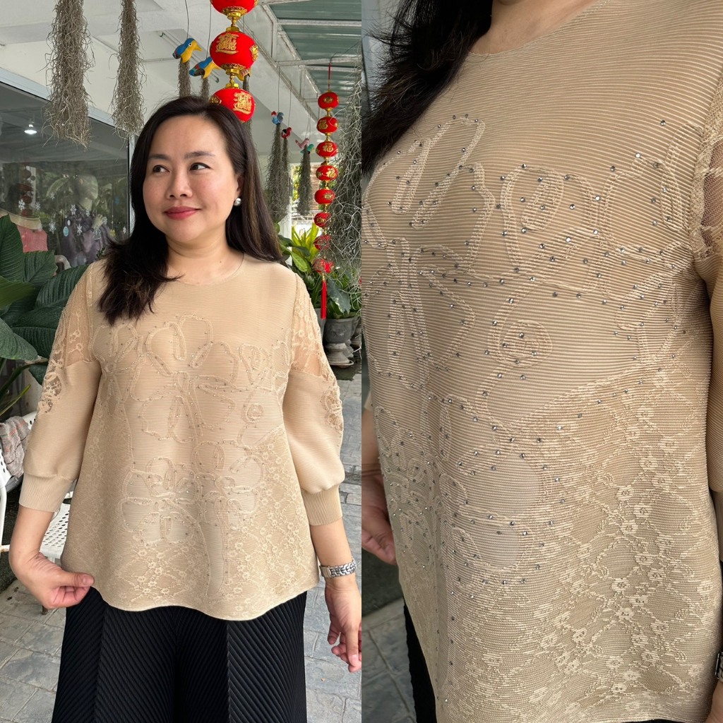 Pleatbynisa A998 เสื้ออัดพลีท แขนกระบอก แต่งเพชร สีพื้น รูปที่ 3
