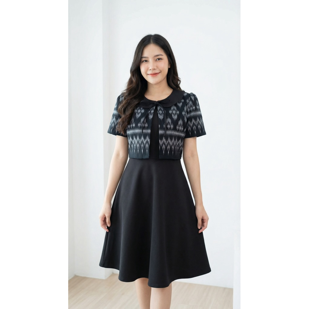 เดรสลายไทย (03)เดรสทำงานลายไทยสีดำ🖤(ผ้าไทยรีดกาว) เดรสทำงานสีดำ งานตัดทรงสวย ราคาถูก พร้อมส่ง🔥