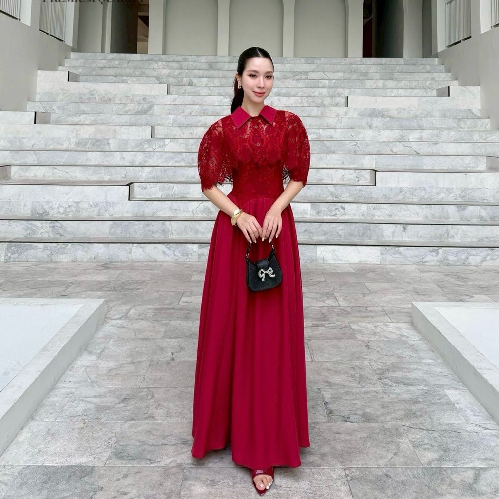 เดรสสายเดี่ยว คอดีเทลผ้าคลุมลูกไม้แต่งคอปกช่วยพลางต้นแขน ช่วงอกเสริมฟองน้ำช่วยเก็บทรง มีซับในอย่างดี