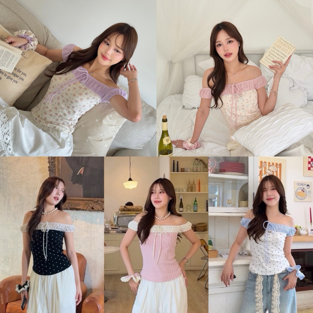 พร้อมส่ง Marine top - เสื้อปาดไหล่ two-tone