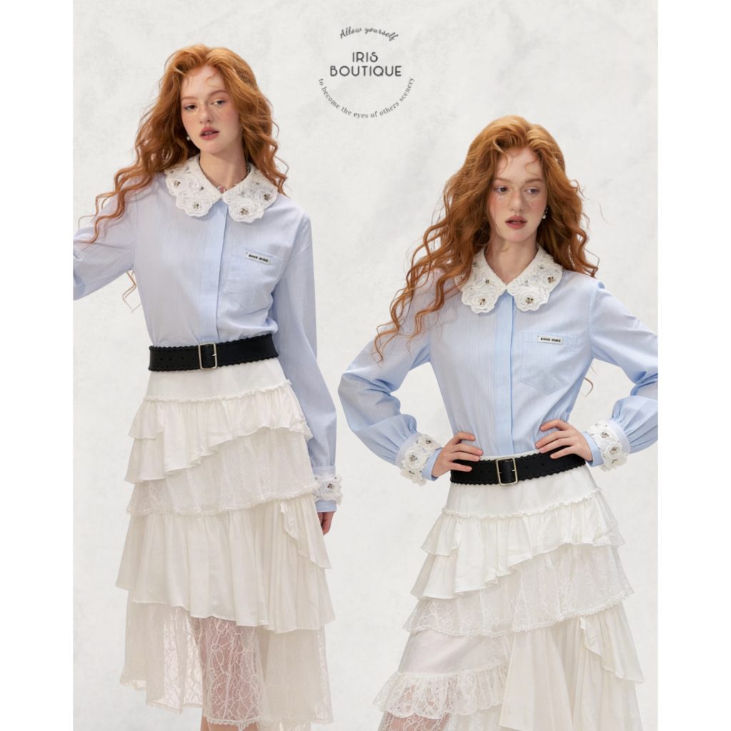 IRIS BOUTIQUE 26ss SUMMER IS8479-IK8021 Avero Set ชุดเซ็ตลุคแฟชั่น เสื้อโทนฟ้าดีเทลปกลูกไม้ กับกระโปรงทูลเลเยอร์