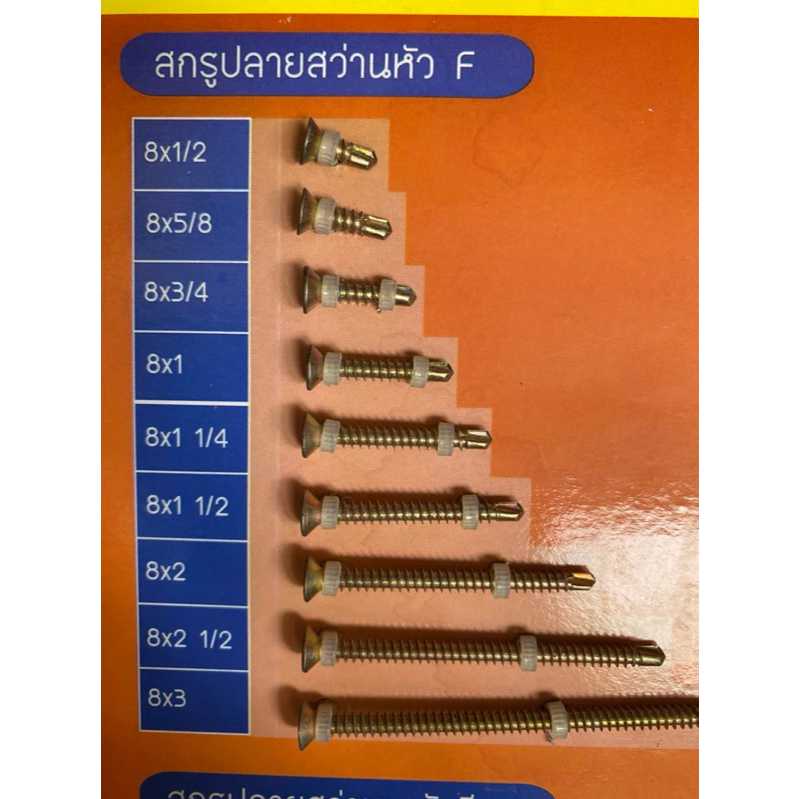 KASTO สกรูปลายสว่านหัว F เบอร์ 8 ( กล่อง ) เตเปอร์ ขนาดความยาวตั้งแต่ 1/2 นิ้ว ถึง 4 นิ้ว เจาะเหล็ก ไม่ต้องเจาะนำ