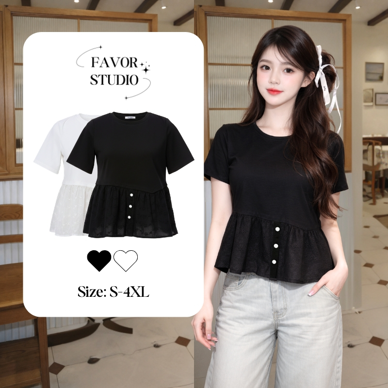 S-5XL【EVIOVIO】🤩เสื้อยืดคอกลมดีไซน์ทูโทนที่ผสมผสานเสื้อยืดเข้ากับชายผ้าฉลุลายดอกไม้ ช่วยพรางหุ่น สาวอวบ พร้อมส่งในไทย❣️🎀