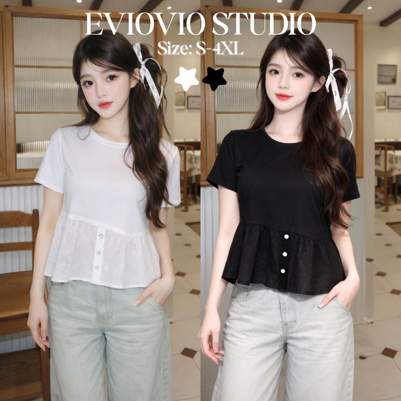 EVIOVIO【S-5XL】💫เสื้อยืดคอกลมดีไซน์ทูโทนที่ผสมผสานเสื้อยืดเข้ากับชายผ้าฉลุลายดอกไม้ ช่วยพรางหุ่น พร้อมส่งในไทย👜🎉
