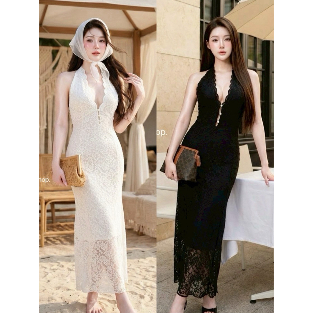 เดรสยาวผ้าลูกไม้กุหลาบ ดีเทลแต่งเชิงช่วงหน้าอก ผ่าอกแต่งกระดุมมุก โชว์แผ่นหลัง ทรงยาวสวยสะใจมากซิส