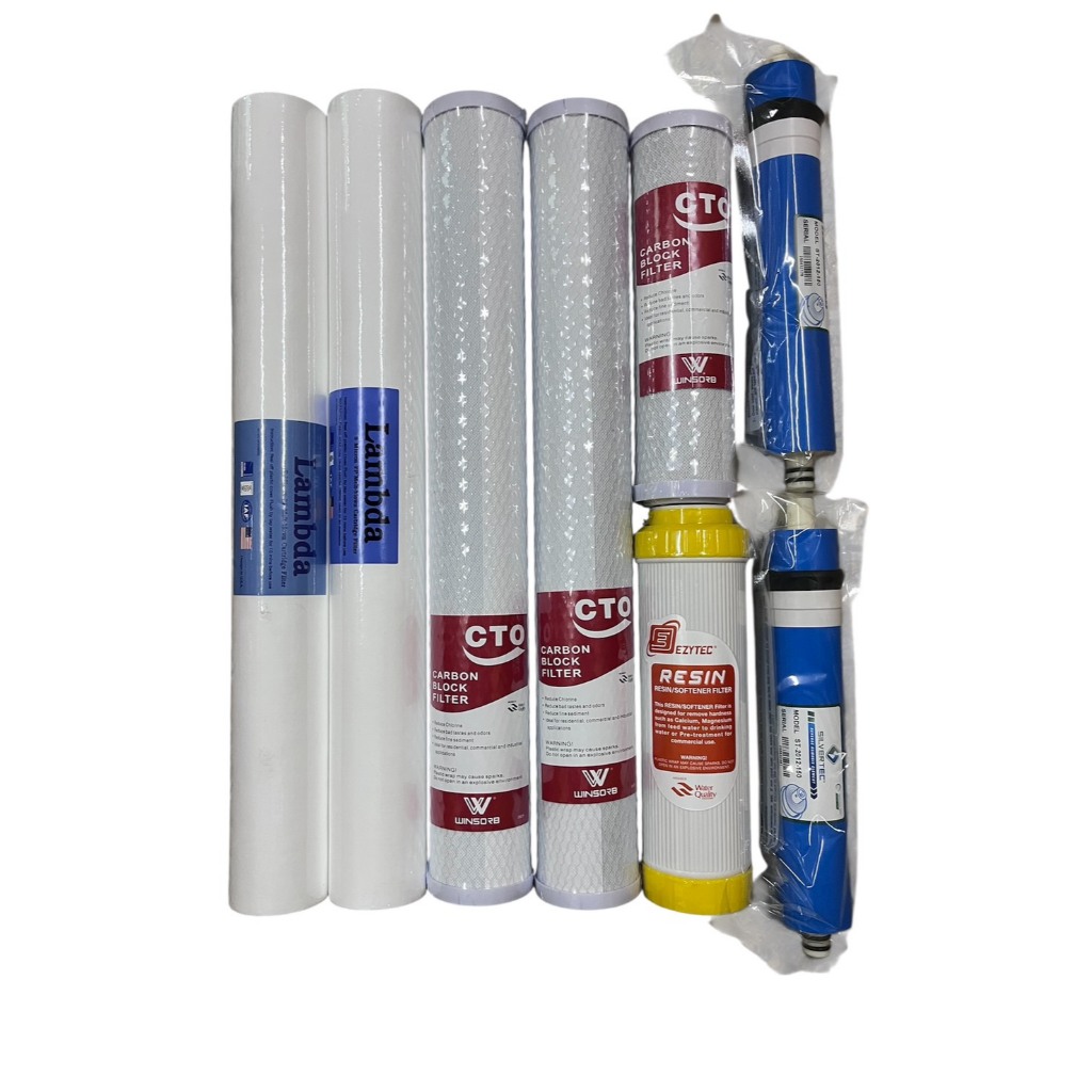 ชุดไส้กรองตู้น้ำ 8 ขั้นตอน (PP20"5M 2 แท่ง + CTO20" 2 แท่ง + RS10"+ CTO10" + RO 150G 2แท่ง)