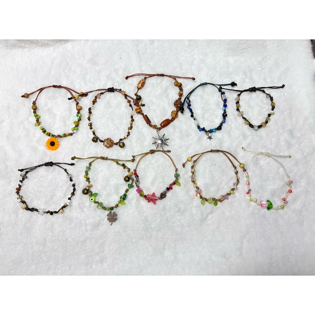 #กำไลข้อมือวินเทจเชือกเทียน สไตล์น่ารักสดใส ปรับได้หลายขนาด สั่งทำ/เลือกสี/จี้/ลูกปัด