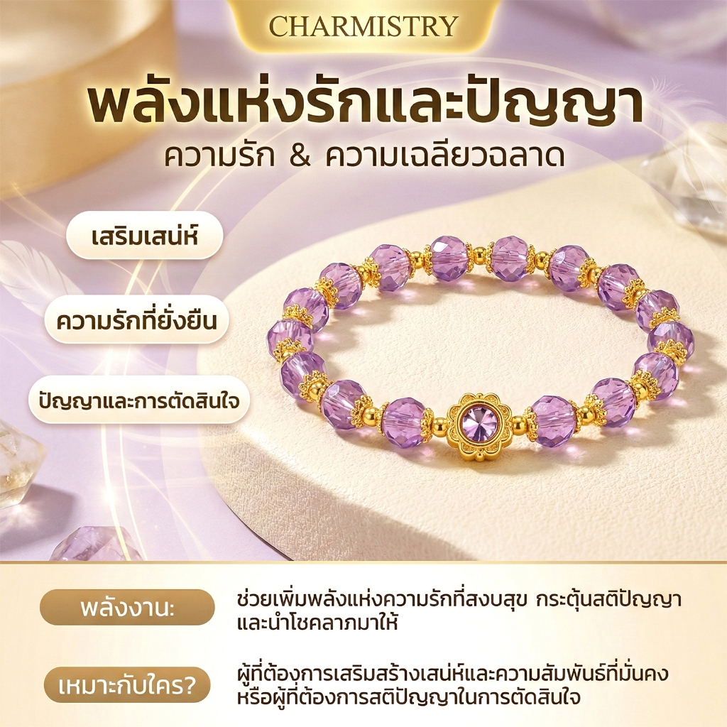 Charmistry-สร้อยข้อมือหินมงคลอะเมทิสต์แท้ ลูกปัดทองกลมรอบวง จี้หินม่วง ฮีลใจ เติมพลังบวก เรียกโอกาสดี (มีกล่องของขวัญ)