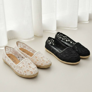 Muly Mula รองเท้าคัทชู แต่งผ้าลูกไม้ แนววินเทจ สำหรับใส่ทำงา…