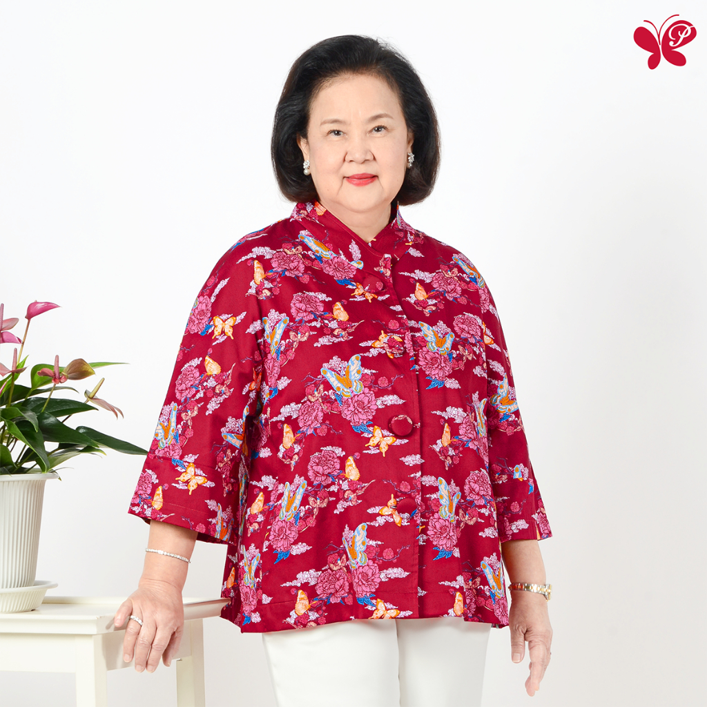 เสื้อผู้สูงอายุ Miki Oversized Top - Butterfly ผ้า Cotton 100% ทรงหลวม พิมพ์ลายผีเสื้อ กระดุมปั้มมือ (Elderly Friendly)