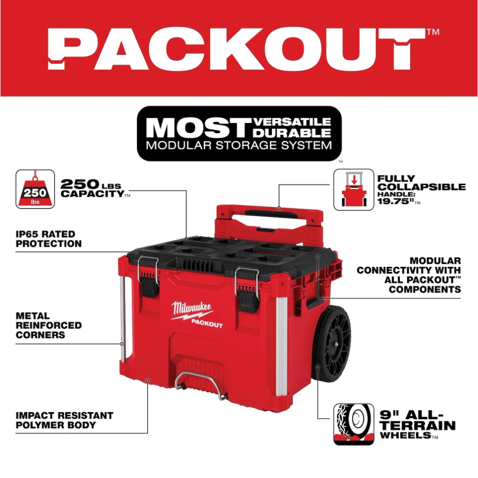 MILWAUKEE 48-22-8427 กล่องเครื่องมือ พร้อมล้อเข็น PACKOUT™ Rolling Tool Box