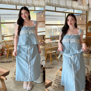 (LD)เซ็ต เสื้อสายเดี่ยวแต่งลูกไม้+กระโปรงยาว สวยมาก ละมุนสุดๆ ทะเลคาเฟ่ หวานๆได้หมด เสื้อผ้าสาวอวบอ้วน พลัสไซส์ ไซส์ใหญ่