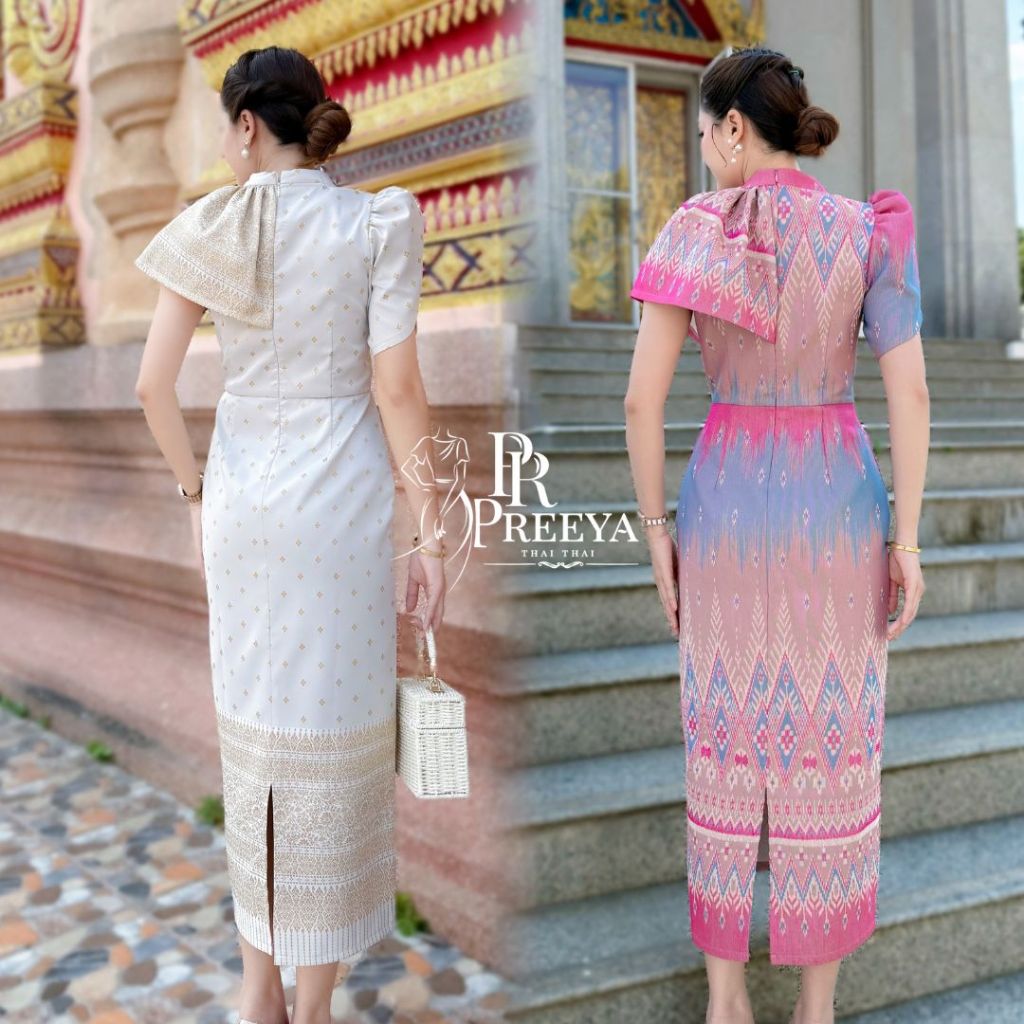 PR156 เดรสผ้าฝ้ายทอลายพลอยพรรณ อัดกาวทั้งชุด ชุดไทย แบรนด์ preeya ราคา ถูกที่สุด ดีลบีเคเค แกลเลอรีภาพที่ 4