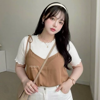 C49 🍬 [S - XXXXXL] เสื้อสาวอวบ เซ็ต 2 ชิ้น Layered Look สไตล์มินิมอล ดีเทลผูกไหล่สุดคิวท์ ใส่แล้วดูเพรียว พรางหุ่นได้ดี