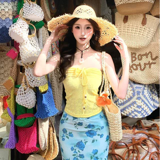 YOYO พร้อมส่ง🌊ชุดชายหาด 2ชิ้น สไตล์Y2K ผู้หญิง เสื้อเกาะอก+กระโปรงสั้นลายดอกไม้ ชุดไปทะเล ชุดแต่งวันสงกรานต์ ผ้าบางสวยๆ