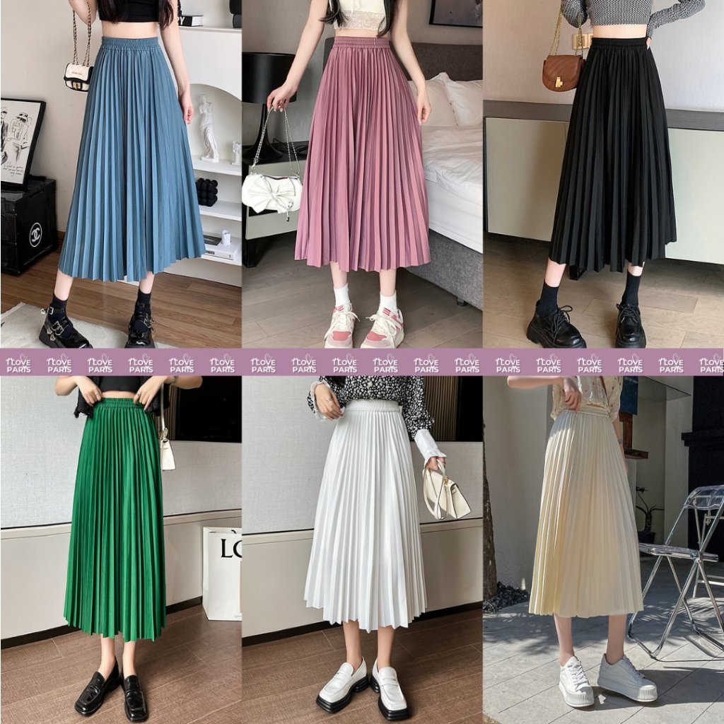 Zenmoya (589) กระโปรงอัดพลีท/จีบสวย ยาว 31 นิ้ว ทรงพลีส เอวสูง สม็อคยางยืด พลิ้วนุ่ม ใส่สบาย 10 สี
