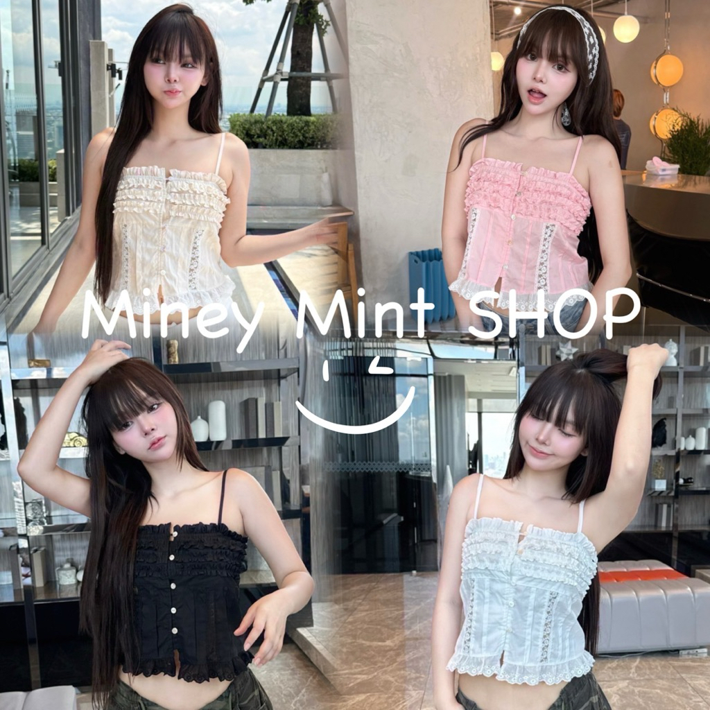 miniminey🔆 เสื้อสายเดี่ยว ระบายชั้นๆ แต่งลูกไม้ ชายฉลุ❤️
