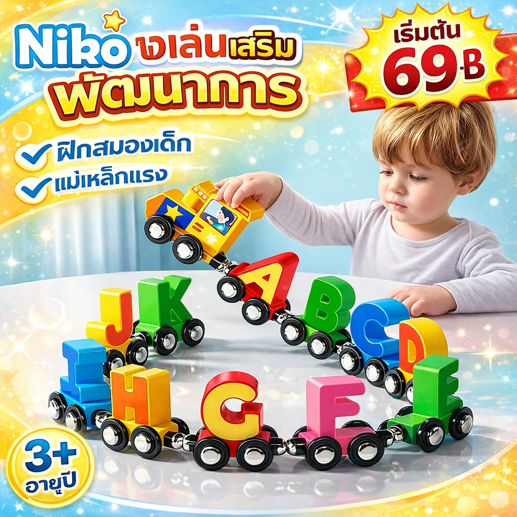 NIKO ของเล่นแม่เหล็ก รถไฟตัวอักษร Magnetic Train ABC Toy ของเล่นเสริมพัฒนาการเด็ก 3+ Montessori 27 ชิ้น