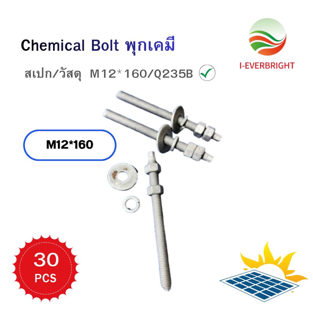 I-EVERBRIGHT Chemical Bolt พุกเคมี ขนาดM12*160 วัสดุเหล็ก Q235B พร้อมแหวนรองเรียบและสปริง ชุดละ30 ชิ
