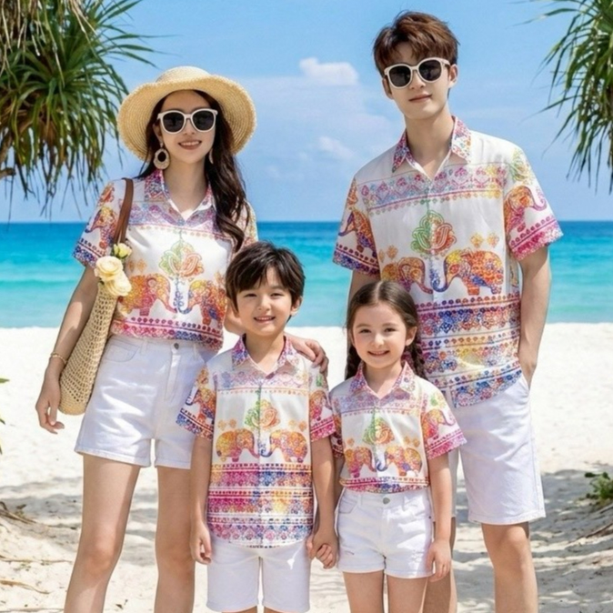 HD025  เสื้อฮาวายลายช้างพาสเทล  ทรงวัยรุ่น หญิงชายใส่ได้ ผ้าโพลีพรีเมี่ยม ไซส์เด็ก-ผู้ใหญ่ งานปัาย ลายคมชัด  **1ตัว**