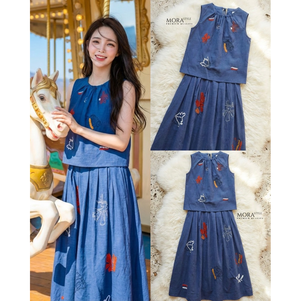 M O R A S T Y L E•Set 2 ชิ้น เสื้อแขนกุดคอรูดจั้ม มาพร้อมกับกระโปรงยาว แต่งลายปักทั้งชุด