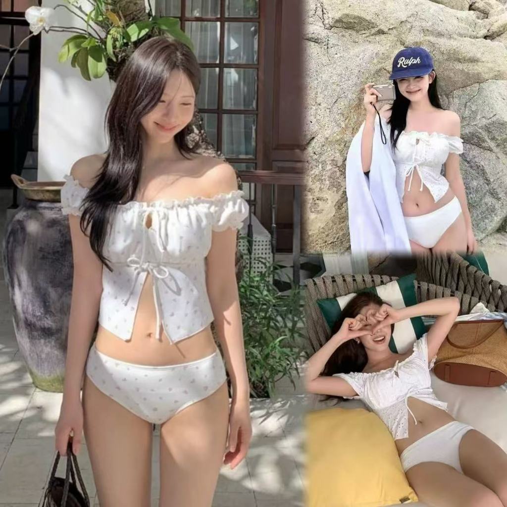🌸พร้อ​มส่ง🌸Sexy bikini ชุดว่ายน้ำแขนพอง 2 ชิ้น ดีไซน์กลวง ผูกโบว์ที่หน้าอก รุ่นใหม่ beach