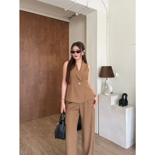 Maco Set : ชุดเซ็ทขายาวเสื้อแขนกุด เสื้อแขนกุดคอปกทรงสูท ชุดเว็ทขายาวสีพื้น เรียบหรู ทำงาน BETTY (B055)
