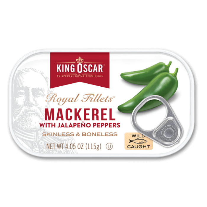 [Pre-order] King Oscar, Mackerel with jalapeno, 115g  ปลาแมคเคอเรลคิงออสการ์ ผสมพริกฮาลาเปญโญ่ 115 ก
