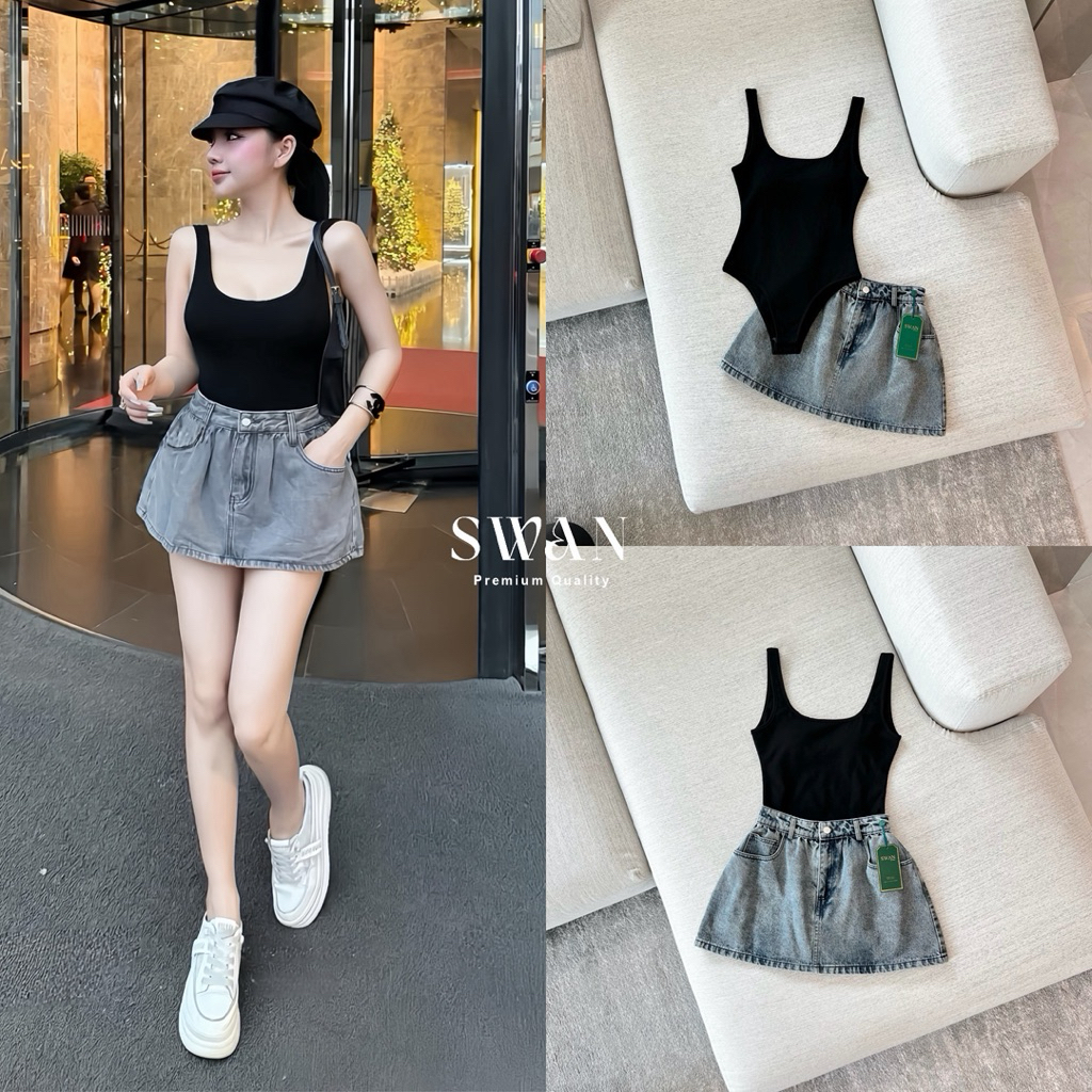 Set 2 ชิ้น เสื้อบอดี้สูท+กระโปรงยีนส์ เก๋ๆ ใส่ได้ทุกวัน