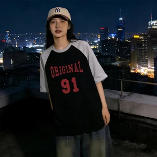 P-1419 เสื้อยืดแขนสั้น เสื้อทูโทนสุดเท่ ทรงปล่อยใส่ได้ทุกเพศ