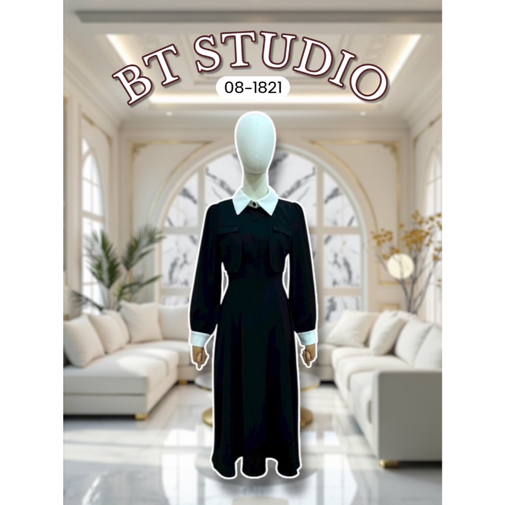 BT 08-1821 แม๊กซี่เดรสแขนยาวปลายแต่งสีขาวคอปกสีขาว ตัดกันกับ กระดุมหน้าใช้งานได้จริง