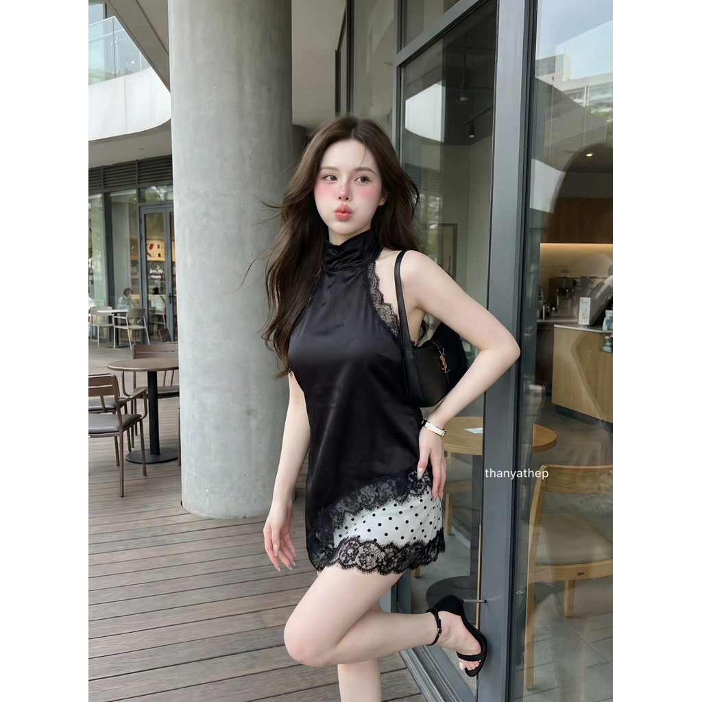 #Thanyathep เซท2ชิ้น เสื้อซาตินตัวยาวแต่งลูกไม้ ผ้าหนาสวยแพงหรูหราไฮโซ คู่กระโปรงสั้นแต่งลูกไม้แซ่บ