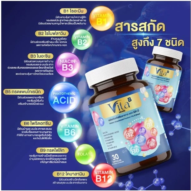 Vita B ไวต้า บี วิตามินบำรุงผิว กระดูก ระบบประสาทและสมอง ไม่อ่อนเพลียน ลดเครียด ( 1กป. 30แคปซูล ) thumbnail 5