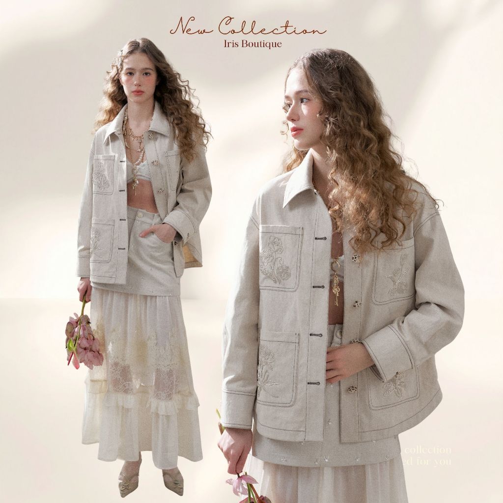 Original Design IRIS BOUTIQUE 26ss Trims series IJ73809-IK73839 Blossom Linen Setเสื้อแจ็กเก็ตปักลายดอกกับกระโปรงเลเยอร์