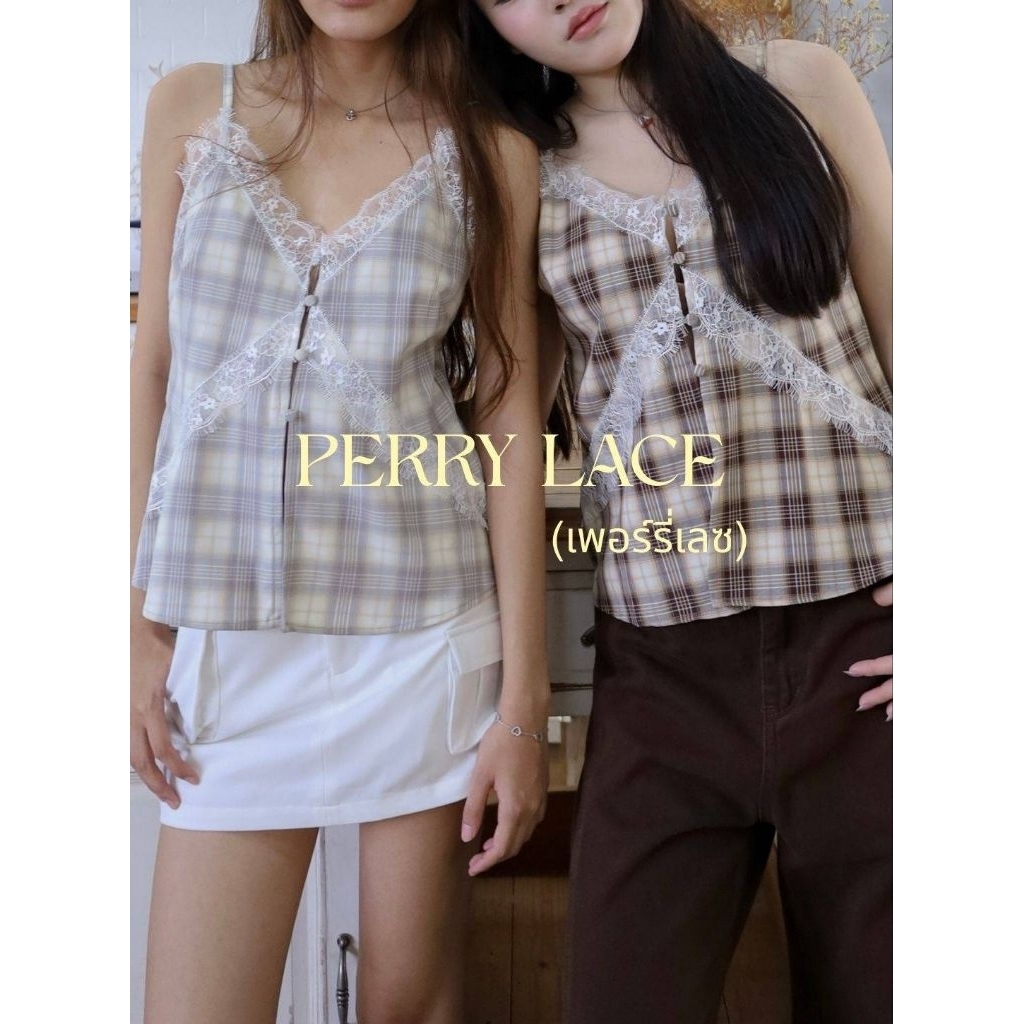 Glamclothes PERRY LACE TOP เสื้อสายเดี่ยวลูกไม้เฉียงตัดลายผ้า PLAID
