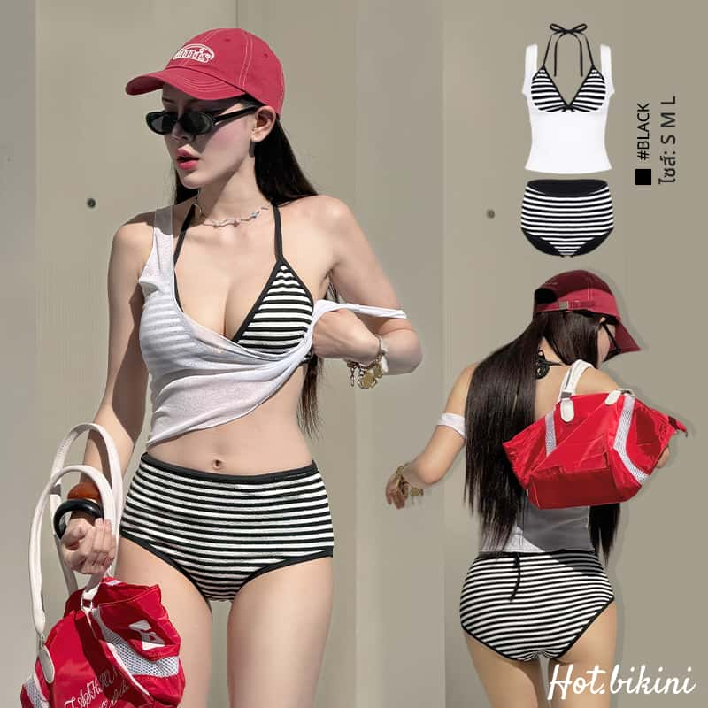 🍼Hot.Bikini✨บิกินี่ เซ็กซี่ +short 3ชิ้น ชุดว่ายน้ำแฟชั่น ลายทางสีดำและสีขาว summer beach ส่งไวจากไทย เทศกาลสงกรานต์