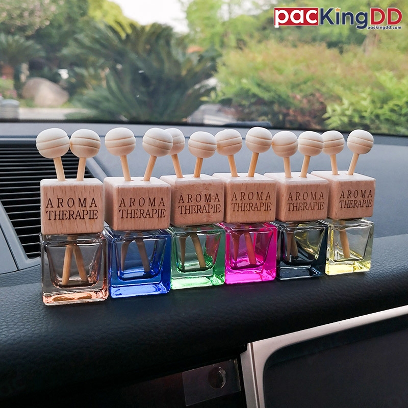 (แพ็ค 10 ชิ้น) ขวดน้ำหอม แบบหนีบ ขวดรูปสี่เหลี่ยม-ฝาไม้ 10 ml. #P512 ขวดน้ำหอมรถยนต์  ขวดเปล่า Packi