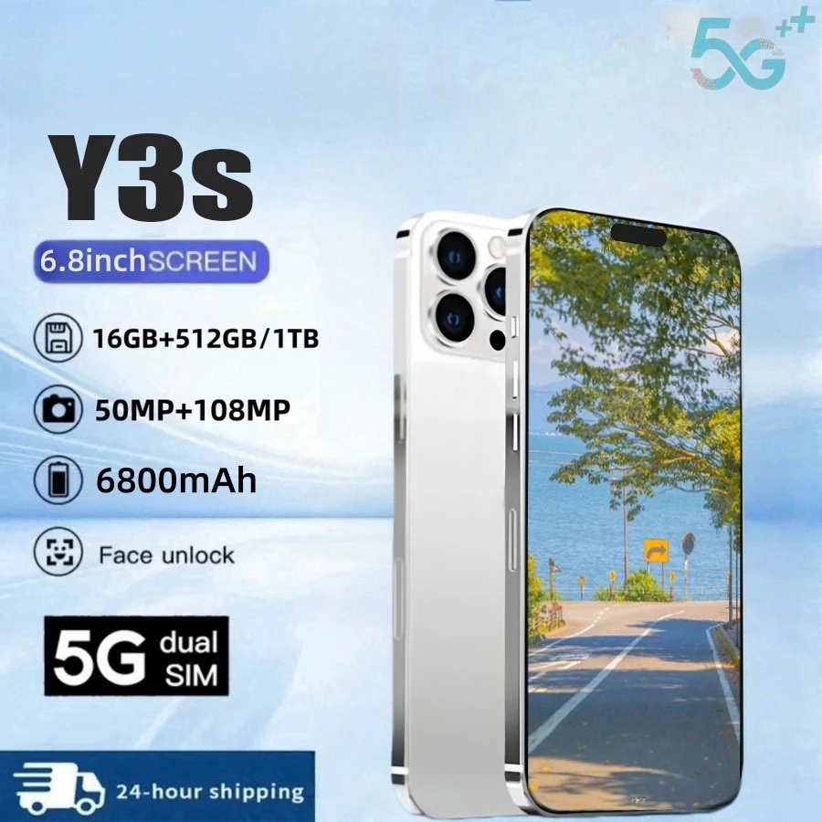 โทรศัพท์ Y3s 5G 6.8 นิ้ว รองรับ2ซิม แรม16GB รอม512GB รองรับแอพธนาคาร Smartphone 6800mAh โทรศัพท์ราคาถูกๆ