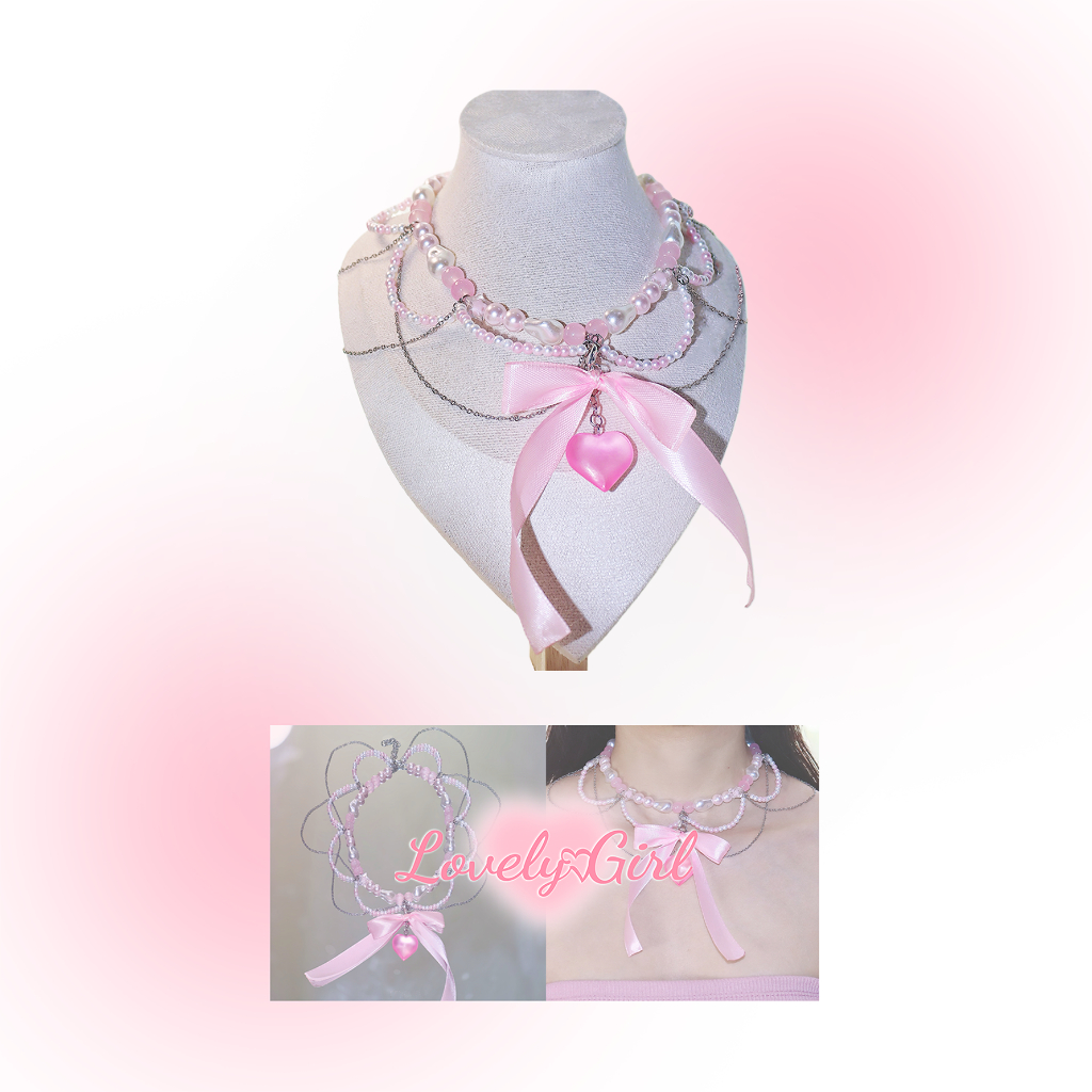 [Handmade] [ทำมือ] สร้อย Coquette Pearl Ribbon Necklace 🩷 หลายเลเยอร์ ถอดโบว์ได้ จี้หัวใจ ปรับได้ 💗