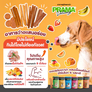 [ยกโหล 12 ซอง] PRAMA ขนมสุนัข พราม่า Delicacy Snack สแน็ค เนื้อแท้ รส ไก่ เนื้อ มากุโระ เบคอน นม ซาลามี่ แบบ แท่ง แผ่น