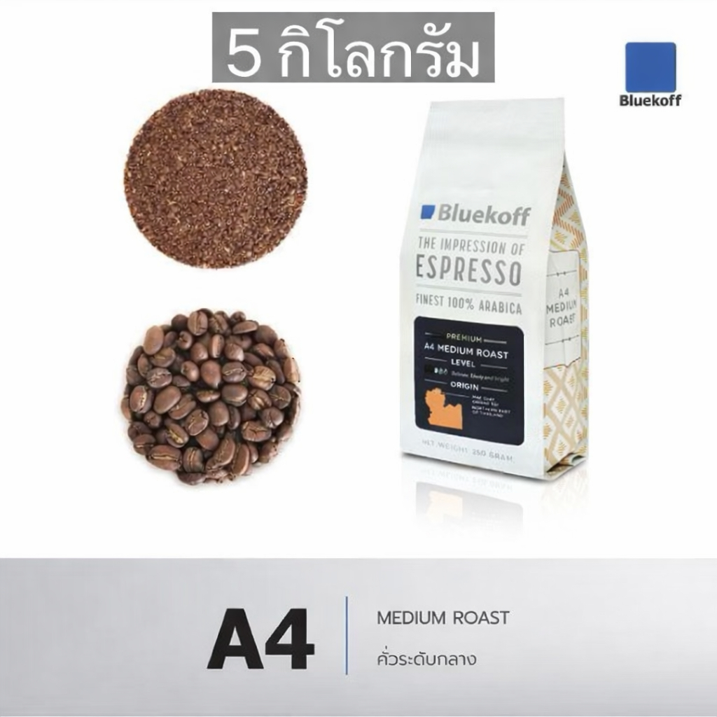(5 กก.) Bluekoff A4 เมล็ดกาแฟ ไทยอาราบิก้า คั่วกลาง (Medium Roast)  250 กรัม x 20