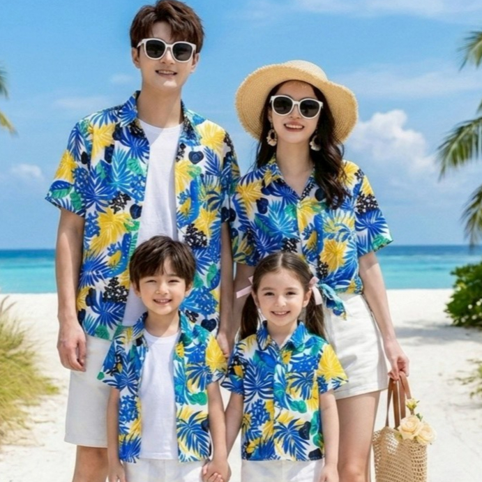 PINK3901# เสื้อฮาวาย ทรงวัยรุ่น หญิงชายใส่ได้ ผ้าโพลีพรีเมี่ยม ไซส์เด็ก-ผู้ใหญ่ งานป้าย ลายคมชัด **1ตัว**