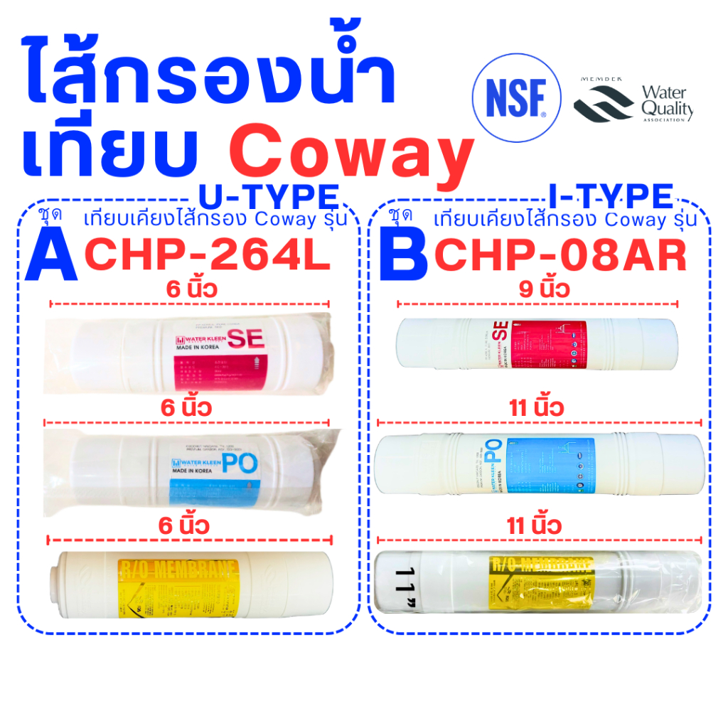 ชุดไส้กรองน้ำดื่ม เทียบ Coway รุ่น CHP-264L และ CHP-08AR ชนิด I-TYPE และ U-TYPE มาตรฐาน NSF และ WQA