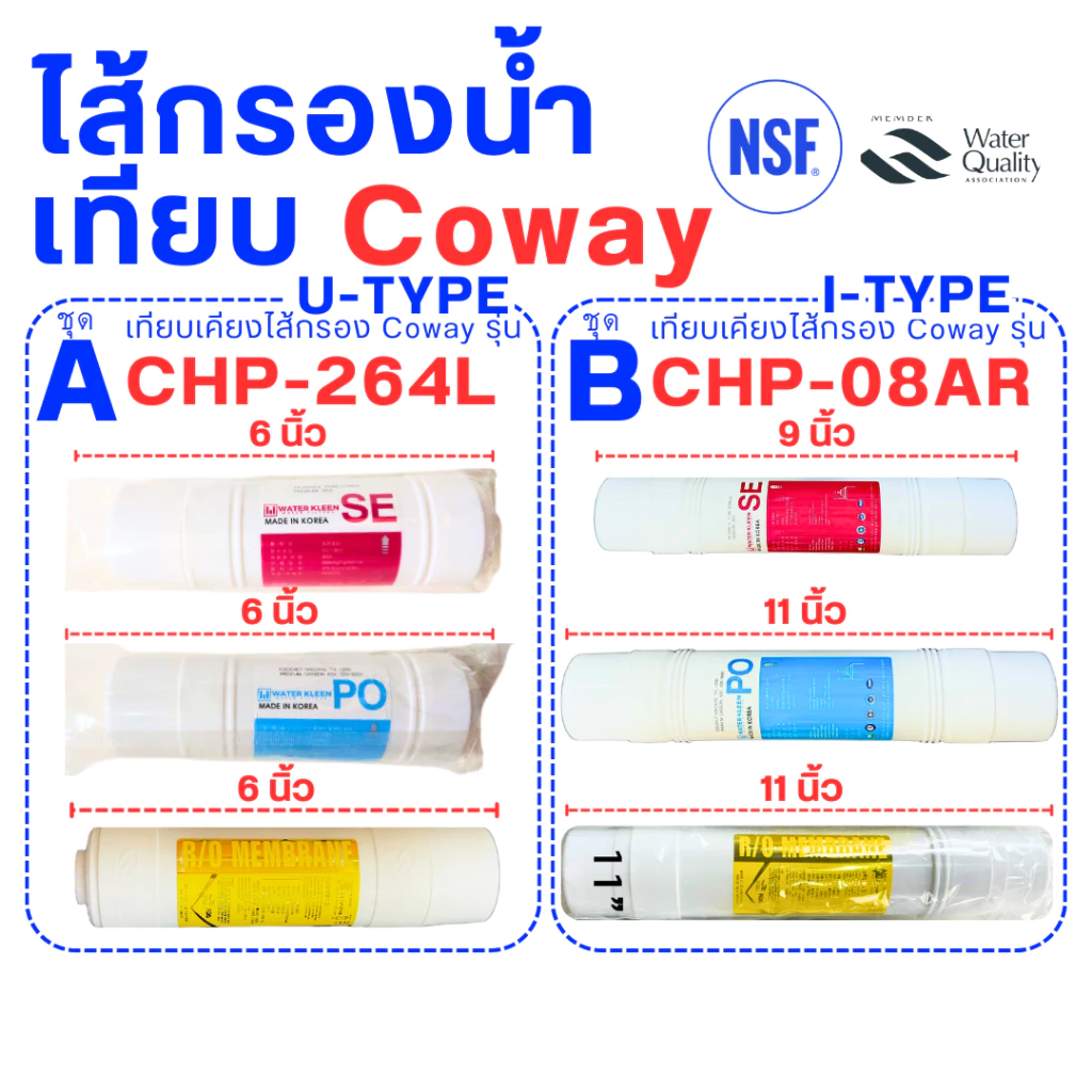 ชุดไส้กรองน้ำดื่ม สำหรับ Coway CHP-264L และ CHP-08AR ชนิด I-TYPE และ U-TYPE