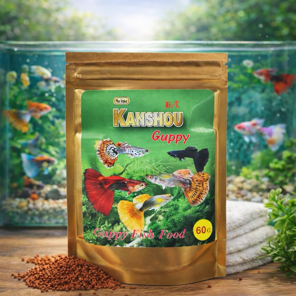 อาหารปลานกยูง KANSHOU GUPPY 60g. ดูแลเรื่องน้ำได้อย่างดี โปรตีนสูงเหมาะสำหรับปลาทุกชนิด