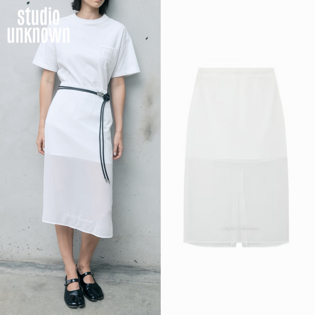STUDIO UNKNOWN - SS26 Lily See-Through Midi Skirt กระโปรงซีทรูยาว3/4ตกแต่งลายปักโลโก้