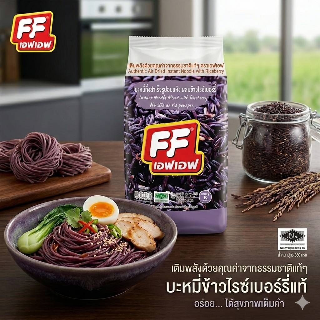 FF Riceberry Dried Noodle เส้นหมี่อบแห้งผสมข้าวไรซ์เบอร์รี่ ผลิตด้วยกรรมวิธีอบลมร้อน (Air Dried) 380