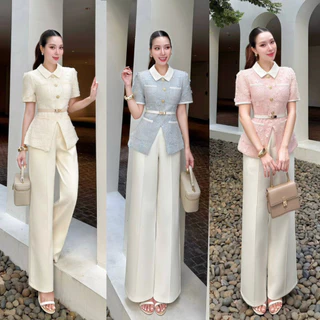 ชุดเซ็ต 2 ชิ้น เสื้อผ้าทวิต+กระโปรง,กางเกง สีครีม/ชมพู/ฟ้า/น้ำตาล/ดำ ใส่ทำงาน,ไปงานแต่ง งานบุญ งานบวช #Lalabelle