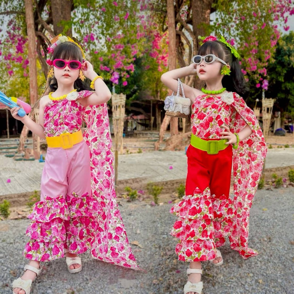 ชุดทองกวาวเด็กลายดอกไม้ ชุดสไบลายดอก ใส่ทำบุญช่วงสงกรานต์สวยๆ ผ้าเบาใส่สบาย (รหัสKK)